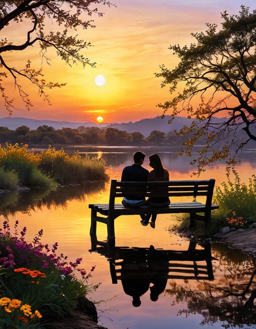 A serene landscape depicting a couple sitting on a bench, gazing at a golden sunset with intertwined hands, symbolizing deep affection and trust. Surrounding them are blooming flowers, representing growth and nurturing in relationships. In the background, a soft, flowing river reflects the vibrant colors of the sky, signifying emotional depth. Include gentle, inviting colors and a peaceful atmosphere. super-realistic. vibrant colors. natural setting.