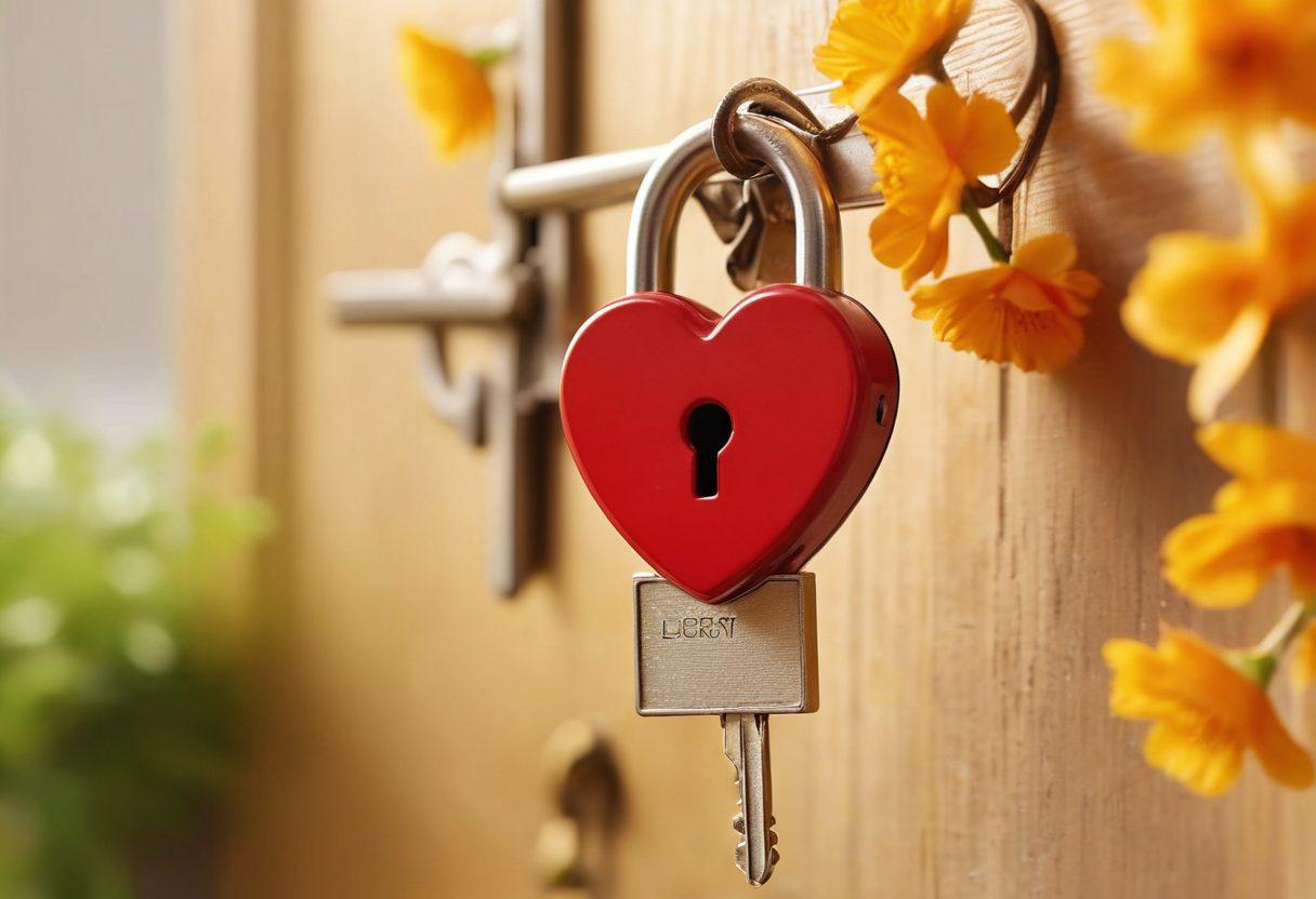 A heart-shaped lock being gently unlocked with a key, symbolizing deep emotional connections. In the background, soft light casts warm colors, creating an inviting atmosphere. Delicate flowers bloom around the lock, representing love and intimacy. The scene evokes warmth, trust, and connection. super-realistic. vibrant colors. soft focus.